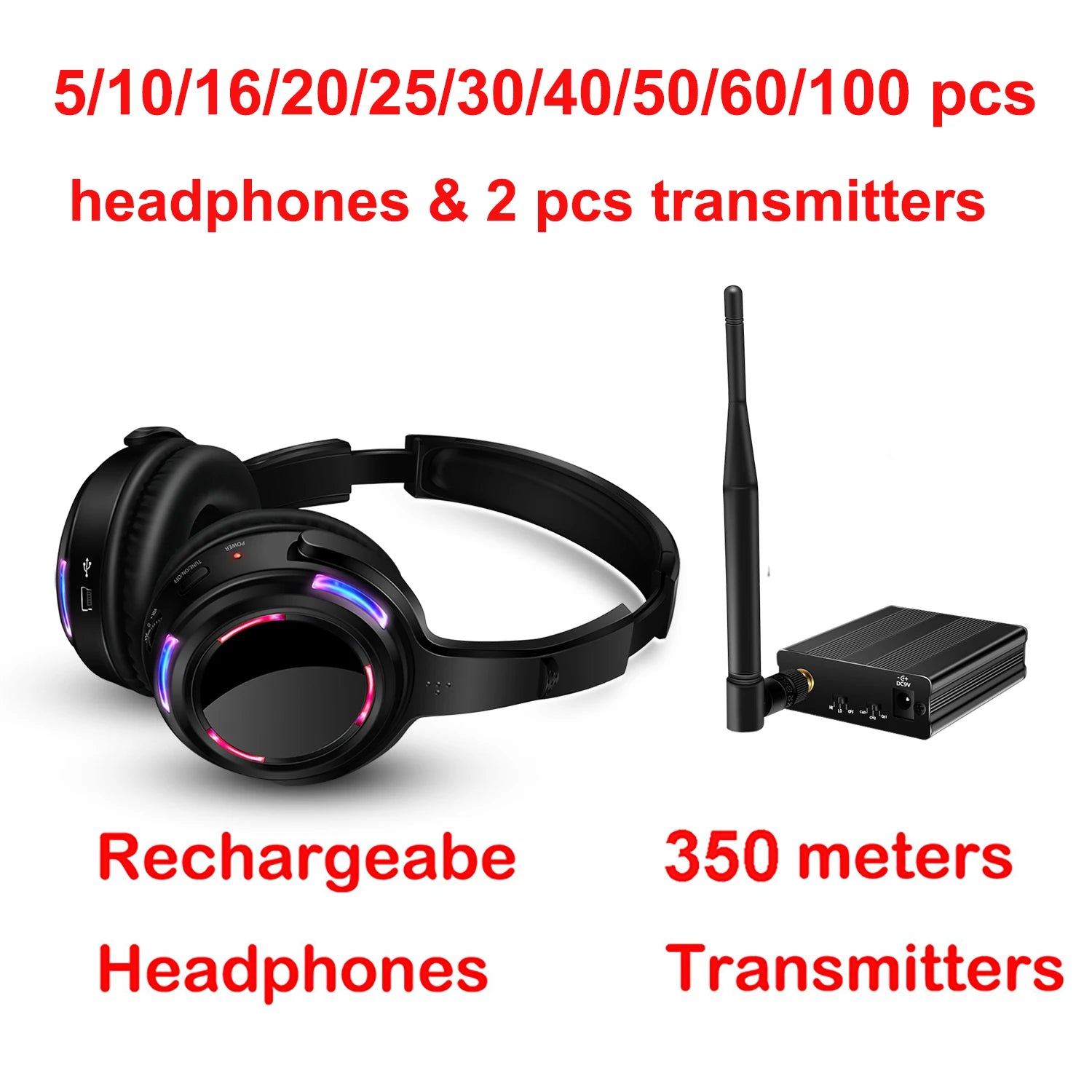 Rechargeable Silent Disco Wireless Headphones 500m Distance Package with 2 RF Transmitters for Quiet Events DJ House Parties