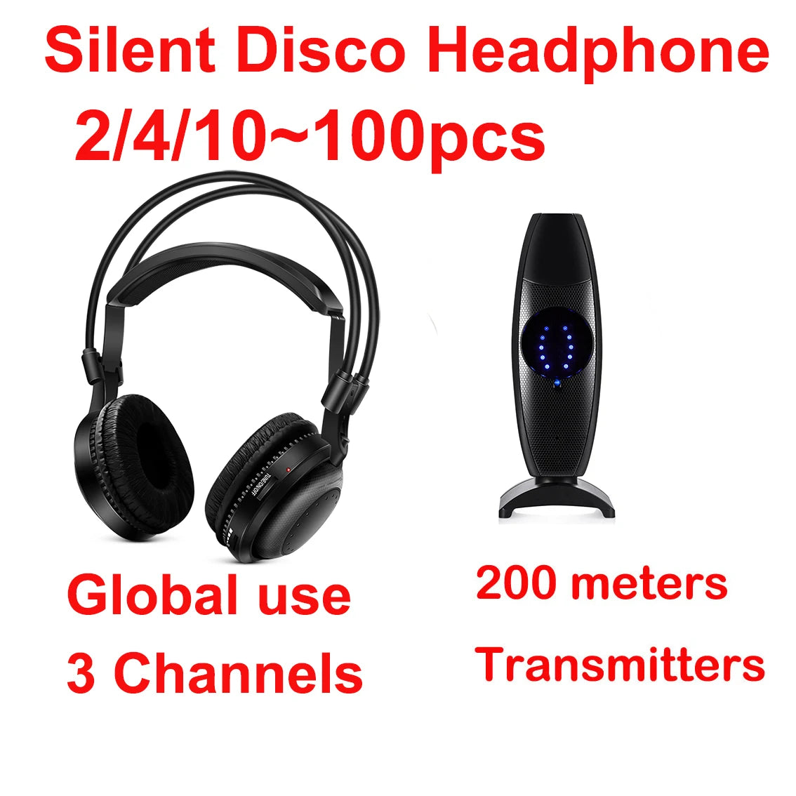 Classical Ultra Low Bass Silent Disco Wireless Headphone with 200m Transmitter for iPod MP3 DJ Music Pary Club Quiet Event