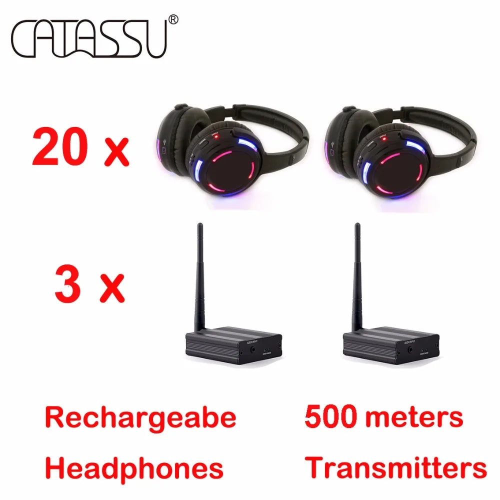 500m LED Wireless Silent Disco Headphone Bundle Including 20 Headsets Plus 3 Transmitters and 16 Charge Set